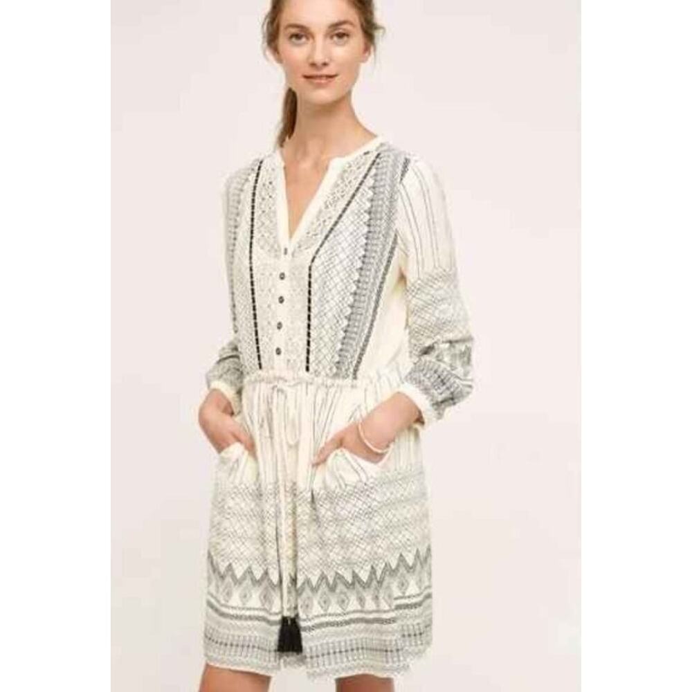 Anthropologie Floreat Perrie Pattern Lace Front Boho Drawstring Dress Sz10